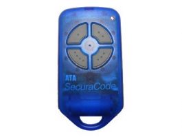 Blue garage door remote with 4 grey buttons in a circle formation